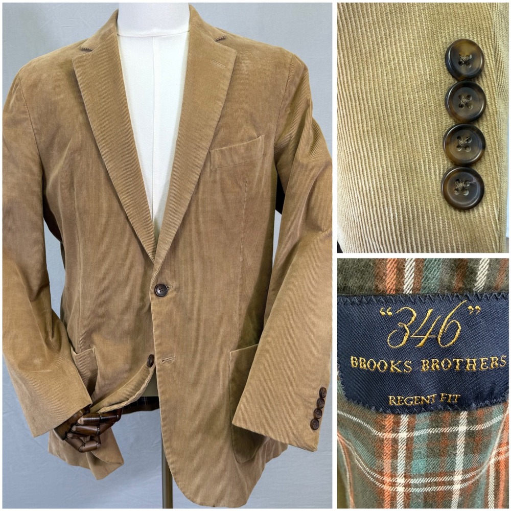 Brooks Brothers Regent Fit Sport Coat Mens 44R Tan Corduroy Plaid Lined Blazer